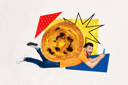 Creative photo poster trend art collage image of happy guy do online order phone bakery bun raisin sweet dessert loaf pastry snailの写真素材