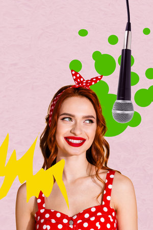 Banner art creative trend collage of happy pinup girl singer microphone karaoke event celebration vintage weekend concertの写真素材