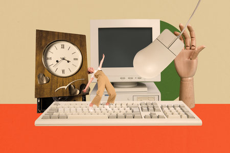 Poster sketch image artwork photo collage of business alarm fast work time obsolete computer monitor...
