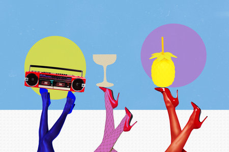 3d sketch trend collage poster of female legs heels hold cocktail glass beverage martini weekend relax disco boombox music eventの写真素材