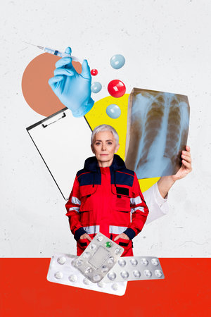 Trend artwork banner sketch 3D collage of pill vaccination syringe aged woman emergency support lung xray covid clipboard examinationの写真素材