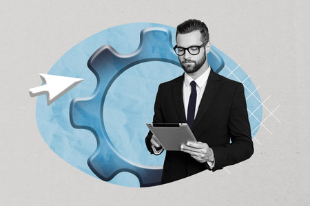 3D collage design composite trend artwork sketch of cogwheek point worker recruitment manager human resources young man hold tablet workの写真素材