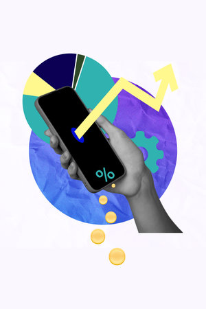 Template poster trend artwork photo collage of hand hold smartphone goal charts trader business...