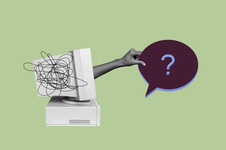 Sketch template design photo collage composite of computer monitor obsolete technology hand appear display hold speech cloud ask questionの写真素材