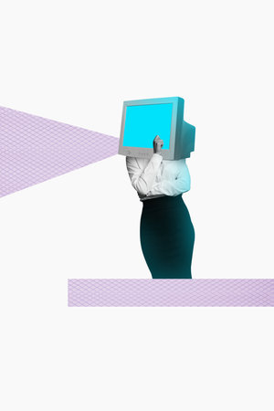 Poster image vertical photo collage of anonym businesswoman think decision instead head pc monitor...