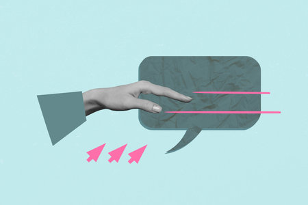 3d sketch poster trend collage image of hand hold communication icon chatterbox speech cursor click conversation talk mindの写真素材