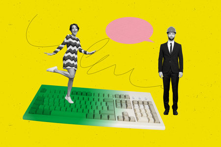 3D photo collage template trend artwork of profession vacancy entrepreneur business young lady stand...