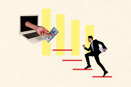 3D collage design composite trend artwork sketch of young guy businessman walk up ladder aim hiring laptop hand hold money dollarの写真素材