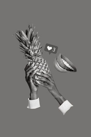 Surreal unusual composition creative collage of silhouette person enjoy tasty high quality pineapple ripe approve likesの写真素材