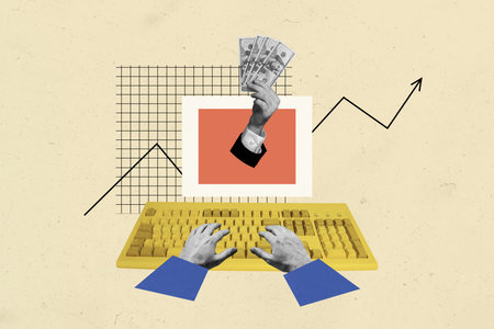 Sketch composite 3D photo collage trend artwork of obsolete computer monitor hand hold banknote type...