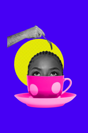 Trend artwork banner sketch 3D photo collage of huge vintage kitchen cup drink tea break appear half woman head eye watch hand hold forkの写真素材