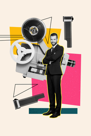 Vertical art creative trend collage of happy man wear formal suit stand retro camera shooting capture cadre tape obsolete momentの写真素材