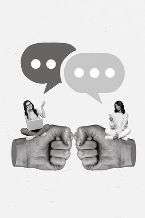 Vertical creative photo collage illustration of positive happy friends girls chatting sitting on hands isolated on white color backgroundの写真素材