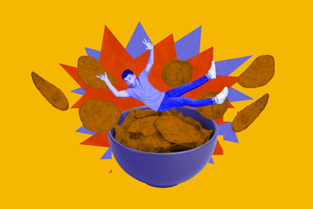 Creative sketch collage of astonished man fall crisp croutons salty snack bowl junk food nutrition...