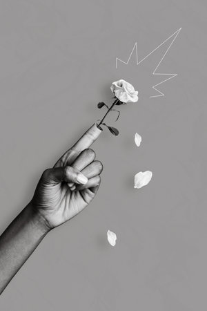 Composite photo collage finger pointing rose absurd surrealism valentine day gift isolated on pink color painted backgroundの写真素材