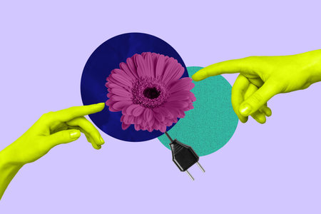 Exclusive art banner collage of hands index fingers reach together gerbera flower bloom plant bud...