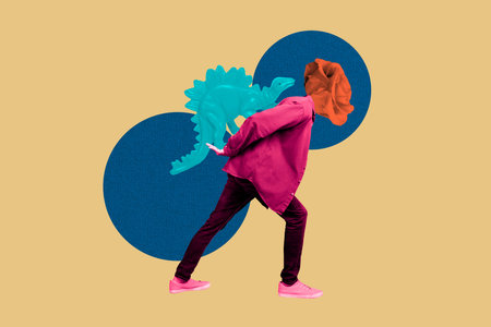 Template sketch image composite artwork collage of young man headless flower instead walk hand hold childish toy jurassic dinosaur absurdの写真素材