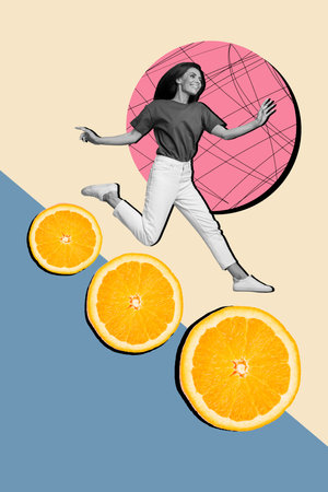 3d poster trend photo collage of excited girl run orange fruit slice citrus nutrition detox healthy...