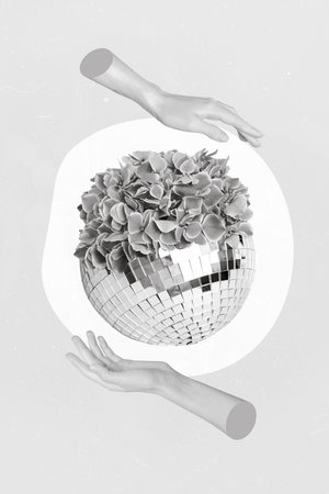 Collage photo of hands hold creative disco ball shiny party invitation template pink beautiful...
