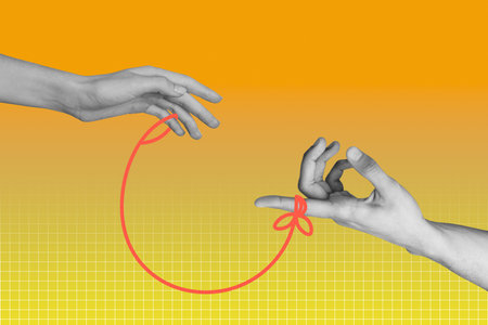 Creative artwork template sketch image 3D collage of two hand connecting finger rope friendship sign...
