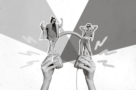 Artwork magazine collage picture of happy smiling ladies having fun arms holding headphones isolated...