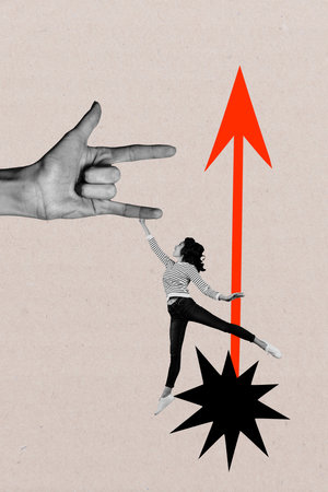 Trend image vertical photo collage of astonished businesswoman jump arrow development statistics hand showの写真素材