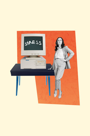 Creative 3D photo collage trend artwork template of aged woman stand table job office manager...