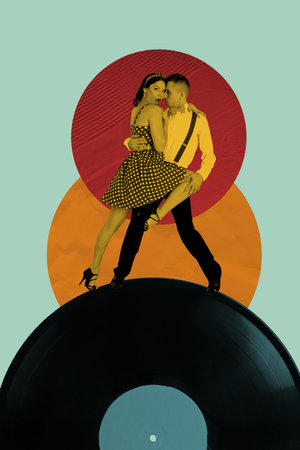 Template sketch composite artwork collage of couple date young lady man dance together vinyl party entertainment carefree night clubberの写真素材