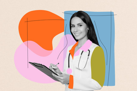 Exclusive sketch collage of happy girl doctor hold clipboard insurance write recipe diagnose treatment clinic consultationの写真素材