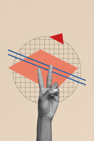 Composite image montage trend artwork 3D collage of gesture two finger hand body language symbol hi hello peace victory cool niceの写真素材
