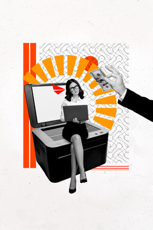 Vertical sketch 3d artwork collage poster of happy businesswoman sit scanner office tool hold laptop...