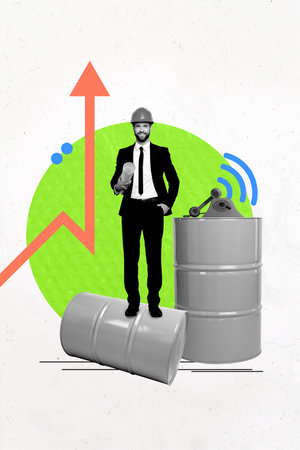 Vertical photo collage of happy businessman stand barrel oil finance income arrow development progress telephone handset speech callの写真素材