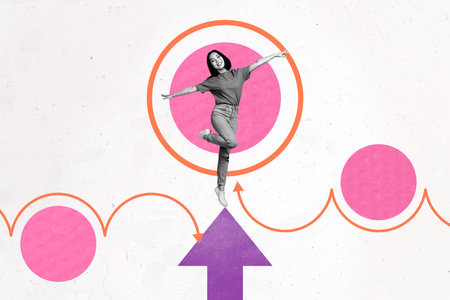 Composite artwork photo collage template sketch of success trade stats charts goal young woman stand...