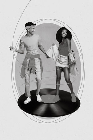 Vertical creative artwork collage photo of carefree hipsters couple dance retro music vinyl disc...