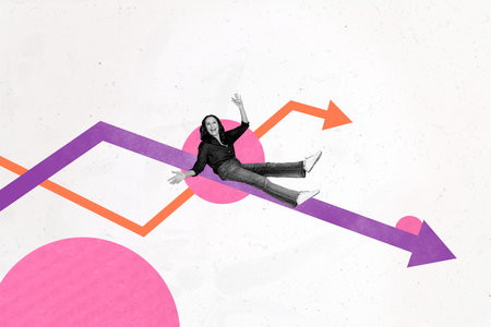 Exclusive art banner collage of happy old woman sit arrow development pointer success statistics...