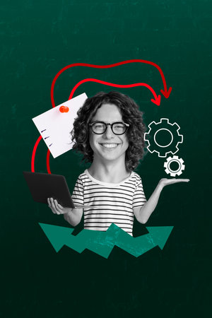 Art image vertical photo collage of happy freelancer hold laptop arrow development gears progress...