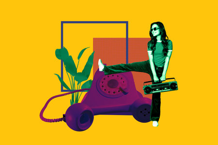 Exclusive art banner collage of happy girl hold boombox music event wear sunglass retro telephone...