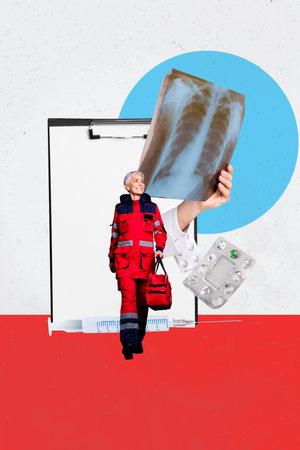 3D collage trend artwork composite sketch poster of aged woman walk huge size clipboard examination xray lungs heart virus urgent helpの写真素材