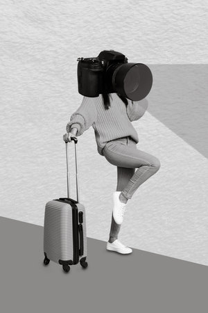 Photo cartoon comics sketch collage picture of lady camera instead of head enjoying new trip...