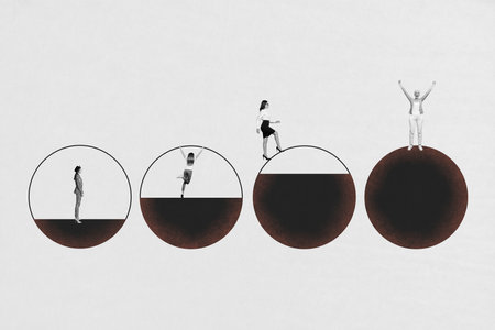 Creative sketch collage of happy business girls stand sphere doodle art success development figurine...