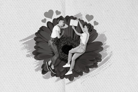 Creative photo 3d collage postcard artwork of cute sweet couple relax rest lying huge red flower...