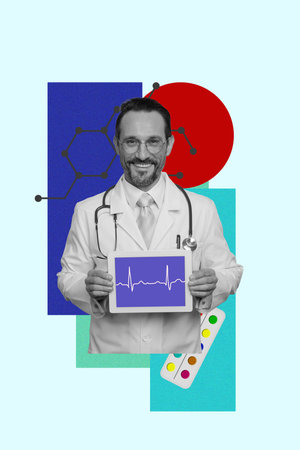 Composite artwork collage template sketch of middle age man doctor hand hold tablet show display heart beat pulse consultation diagnoseの写真素材