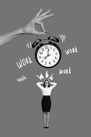 Creative 3d collage magazine poster of shocked business lady missed appointment clock bell ring time...