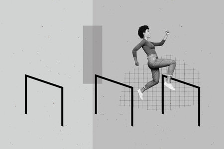 Art banner collage of girl jump obstacle career development path race sportive marathon jogging...