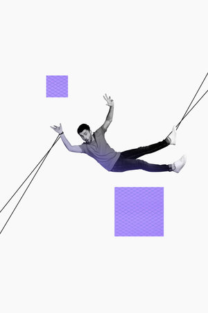 Vertical sketch 3d collage poster of shocked worried man marionette fall wear rope handcuffs problem...