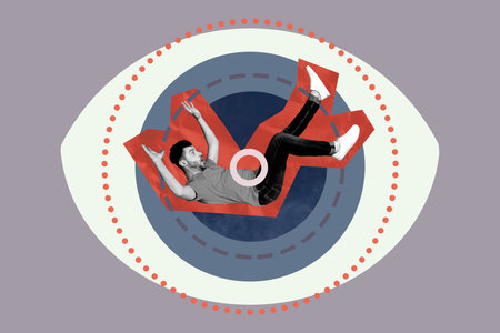 Creative sketch collage of shocked guy fall eyeball stare control weapon target gun achievement goal...