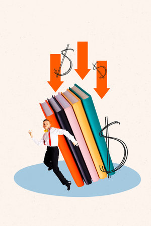 Vertical sketch 3d artwork collage poster of dissatisfied man dance book supplies arrow decline...