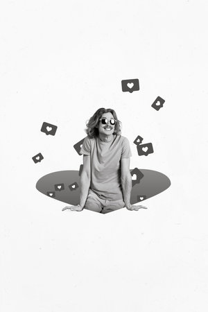 Vertical collage picture of cheerful mini guy inside heart shape hole receive like notification...