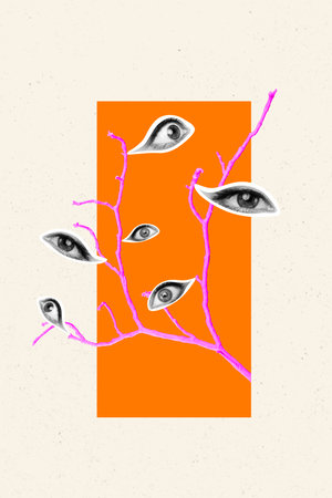 Creative artwork template sketch image 3D collage of silhouette sticker eyes branch wooden stick security oversee eyesight visionの写真素材