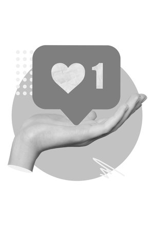 Vertical collage illustration of arm palm hold like notification